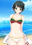  1girl absurdres bangs beach bikini black_hair blue_sky breasts cloud commentary_request cowboy_shot dated day drawstring green_eyes highres jacket kantai_collection looking_at_viewer mismatched_bikini mogami_(kantai_collection) nitamago_(sakamalh) ocean outdoors short_hair sky small_breasts solo standing swept_bangs swimsuit thigh_gap twitter_username water white_jacket 