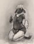  anthro blush bovid breasts caprine conditional_dnp female fluffy hi_res hooves human human_to_anthro mammal marymanifold monochrome navel nipples pinup pose sheep solo species_transformation teats transformation 