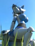  2020 3d_(artwork) absurd_res animatronic anthro big_breasts black_body blue_body blue_tongue bluffy breasts butt canid canine clear_sky daylight depth_of_field detailed_background digital_media_(artwork) fan_character featureless_breasts female fence fox grass hi_res kristall_krit lips low-angle_view machine mammal purple_lips robot rubber sharp_teeth smile solo teeth tentacle_tongue tentacles tongue tongue_out tree under_boob whiskers white_body 
