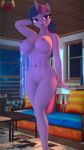  3d_(artwork) 4k 9:16 absurd_res anthro anthrofied big_breasts breasts digital_media_(artwork) equid equine featureless_crotch female friendship_is_magic furniture hasbro hi_res horn inside loveslove mammal my_little_pony night nipples nude pose sofa solo table twilight_sparkle_(mlp) unicorn wide_hips window 