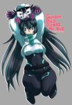  1girl black_hair copyright_name covered_navel dated green_eyes grey_background gundam gundam_build_divers gundam_build_divers_re:rise gunpla jumping long_hair looking_at_viewer may_(gundam_build_divers_re:rise) mecha mikage_nao momokapool solo very_long_hair 