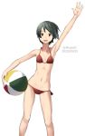 1girl absurdres arm_up armpits ball bangs beachball bikini black_hair breasts brown_eyes dated feet_out_of_frame highres hispol kantai_collection looking_at_viewer lowleg lowleg_bikini mogami_(kantai_collection) red_bikini short_hair side-tie_bikini simple_background small_breasts solo standing swept_bangs swimsuit twitter_username waving white_background 