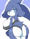  2020 anthro big_breasts blue_eyes breasts butt clothing female fin fish hair hi_res looking_back marine non-mammal_breasts shark short_stack simple_background solo sugaru 