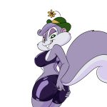  1:1 animaniacs anthro breasts buckteeth clothing female green_eyes hat headgear headwear looking_down mammal narrowed_eyes nipple_outline rear_view rodent sciurid simple_background slappy_squirrel solo spandex_shorts teeth unknown_artist warner_brothers white_background 