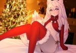  anthro blush bow breasts christmas christmas_tree clothing female gloves hair handwear holidays long_hair mammal mcl multi_tail panties side-tie_panties solo tree underwear white_hair 