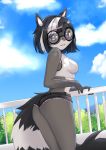  anthro bottomwear breasts butt clothing cloud detailed_background eyewear female glasses mammal mcl outside procyonid purple_eyes raccoon shorts solo tree 