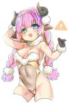  1girl :d animal_ears arm_up ass_visible_through_thighs bare_shoulders black_gloves blue_hair blush braid breasts brown_hairband covered_navel curled_horns fur-trimmed_gloves fur-trimmed_leotard fur_trim gloves groin hairband hand_behind_head hand_up horns long_hair looking_at_viewer medium_breasts multicolored_hair open_mouth original pink_hair sheep_ears sheep_horns short_eyebrows sign simple_background smile solo streaked_hair thick_eyebrows thighhighs twin_braids twintails unname upper_teeth very_long_hair warning_sign white_background white_legwear 
