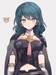  1girl bangs blue_eyes blue_hair breasts byleth_(fire_emblem) byleth_(fire_emblem)_(female) closed_mouth eyebrows_visible_through_hair fire_emblem fire_emblem:_three_houses grey_background medium_breasts medium_hair navel navel_cutout simple_background solo soto upper_body 