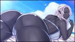  big_breasts big_butt bikini bikini_thong black_body black_skin breasts butt clothing detailed_background ear_piercing ear_ring elf female hair humanoid looking_back lying mcl not_furry on_front piercing swimwear white_hair 