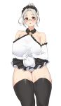  1girl bigfall black_legwear breasts elbow_gloves glasses gloves highres huge_breasts last_origin looking_at_viewer maid maid_headdress navel prototype_labiata red_eyes simple_background skindentation solo thick_thighs thighhighs thighs white_background white_gloves white_hair 