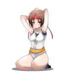  1girl armpits bare_legs blush braid breasts brown_eyes brown_hair closed_mouth commentary dougi headband looking_at_viewer p9_(susisasimi) ryuuko_no_ken short_hair simple_background solo the_king_of_fighters white_background yuri_sakazaki 