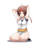  1girl armpits bare_legs blush braid breasts brown_eyes brown_hair closed_mouth dougi headband looking_at_viewer ryuuko_no_ken short_hair simple_background solo susisasimi the_king_of_fighters white_background yuri_sakazaki 