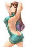  1girl aqua_dress armpits arms_behind_head backless_outfit bangs bare_legs breasts brown_eyes brown_hair butt_crack covered_nipples dress elf hair_between_eyes highres long_hair looking_at_viewer medium_breasts meme_attire naked_sweater open_mouth original pointy_ears sasagawa_(haikaiki) sideboob solo sweater thighs virgin_killer_sweater 