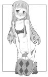  1girl bangs blush bra breasts collarbone copyright_request greyscale highres kusano_kouichi long_hair monochrome navel panties panty_pull pussy sidelocks small_breasts solo thighhighs underwear underwear_only white_background 
