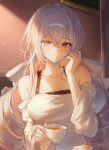  1girl alternate_costume breasts bronya_rand commentary cup curled_fingers dappled_sunlight drill_hair frills grey_eyes grey_hair hair_between_eyes hand_up highres holding holding_cup honkai:_star_rail honkai_(series) indoors long_hair looking_at_viewer medium_breasts off_shoulder smile soymilk_arts2 sunlight tea very_long_hair 