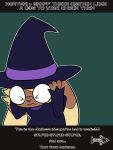  3:4 ambiguous_gender animated anthro clothed clothing corruptedcryptid dialogue duo english_text eyewear female fully_clothed generation_4_pokemon generation_7_pokemon glasses halloween hat head_in_hands headgear headwear hi_res hint_(corruptedcryptid) holidays looking_at_crotch lopunny mimikyu nintendo penny_(corruptedcryptid) pokemon pokemon_(species) speech_bubble text trans_(lore) trans_woman_(lore) wearing_glasses witch_costume witch_hat 