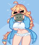  >_< 1girl bikini blonde_hair blue_jacket blush braid claymore_(mine) commentary english_commentary explosive full-face_blush hair_tie highres indie_virtual_youtuber jacket limebreaker long_hair mine_(weapon) single_braid solo swimsuit whiskey_project white_bikini 