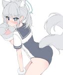  1girl animal_ears animal_hands ass black_one-piece_swimsuit black_sailor_collar blue_archive blue_eyes commentary cross_hair_ornament extra_ears flat_color from_behind gloves grey_eyes hair_ornament highres leaning_forward looking_at_viewer medium_hair metaljelly mismatched_pupils one-piece_swimsuit paw_gloves sailor_collar sailor_shirt shiroko_(blue_archive) shirt short_sleeves simple_background solo swimsuit swimsuit_under_clothes tail white_background wolf_ears wolf_tail 