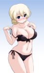  1girl bare_shoulders bikini black_bikini blonde_hair blue_background blue_eyes breasts cleavage collarbone commentary_request darjeeling_(girls_und_panzer) girls_und_panzer gradient_background highres large_breasts looking_at_viewer nape_braid navel one-hour_drawing_challenge short_hair side-tie_bikini_bottom solo swimsuit untied_bikini_top yts_takana 