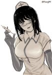  1girl absurdres alternate_breast_size_(larger) breasts chainsaw_man commentary cross_scar elbow_gloves gloves hat highres holding holding_syringe impossible_clothes large_breasts long_hair masoq nurse nurse_cap ringed_eyes scar scar_on_cheek scar_on_face scar_on_nose sepia solo syringe twitter_username upper_body yoru_(chainsaw_man) 