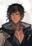  1boy absurdres arknights babu_don_(don_10_13) bishounen black_hair black_jacket closed_mouth commentary_request dark-skinned_male dark_skin ear_piercing earclip earrings expressionless feather_hair_ornament feathers gold_choker hair_ornament highres jacket jewelry looking_at_viewer male_focus necklace orange_eyes piercing short_hair simple_background solo thorns_(arknights) thorns_the_lodestar_(arknights) upper_body white_background 