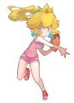 1girl ball bare_shoulders blonde_hair blue_eyes casual crown dress earrings food full_body gloves highres jewelry leotard long_hair mario_(series) ni_(nimame629) pink_dress pink_leotard ponytail princess_peach racket shadow shirt shoes short_shorts shorts solo sportswear tennis_ball tennis_racket tennis_uniform white_background 