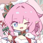  >_o 1girl blue_eyes breasts candy candy_cane chibi chibi_only chinese_commentary commentary_request elf elysia_(honkai_impact) elysia_(miss_pink_elf)_(honkai_impact) elysia_(xmas_cottage)_(honkai_impact) food holding holding_candy holding_candy_cane holding_food honkai_(series) honkai_impact_3rd long_hair looking_at_viewer official_alternate_costume one_eye_closed pink_hair pointy_ears santa_cape shirt solo ticra white_shirt 