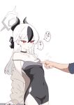  1boy 1girl bare_shoulders black_dress black_hair black_horns black_nails blue_archive breasts bright_pupils brown_jacket commentary_request covered_navel double_strap_slip dress from_side grey_halo halo highres horns jacket kayoko_(blue_archive) kayoko_(dress)_(blue_archive) long_hair multicolored_hair off_shoulder poking_another's_breast red_eyes sleeveless sleeveless_dress small_breasts solo_focus speech_bubble strap_slip translation_request two-tone_hair white_background white_hair white_pupils zzzzblue194725 