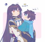  1boy 1other aged_down androgynous black_hair blue_eyes blue_kimono blue_scarf body_markings carrying carrying_person child_carry commentary detached_sleeves earrings fate/grand_order fate/samurai_remnant fate_(series) hair_down hair_intakes japanese_clothes jewelry kimono long_hair long_sleeves looking_at_another magatama magatama_necklace miyamoto_iori_(fate) nagatekkou necklace oneroom-disco orange_eyes other_with_male pout scarf side_slit symbol-only_commentary wide_sleeves yamato_takeru_(fate) yamato_takeru_(third_ascension)_(fate) 