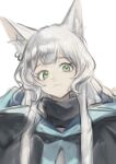  1girl :< absurdres animal_ear_fluff animal_ears arknights babu_don_(don_10_13) black_cloak cat_ears cat_girl cloak closed_mouth commentary_request green_eyes grey_hair highres hood hood_down hooded_cloak jacket long_hair looking_at_viewer rosmontis_(arknights) simple_background sketch solo upper_body white_background white_hair 