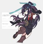  1girl aqua_eyes black_garter_straps black_gloves black_hair black_vest blush breasts brown_thighhighs commentary_request garter_straps genderswap genderswap_(mtf) gloves hair_ribbon half_updo hong_lu_(project_moon) large_breasts limbus_company liu_association_south_uniform long_hair necktie parted_lips project_moon red_necktie request_inset ribbon shiki_(shikki46) solo sparkle standing standing_on_one_leg thighhighs tie_clip very_long_hair vest 