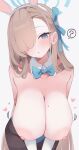  1girl ? animal_ear_hairband animal_ears asuna_(blue_archive) asuna_(bunny)_(blue_archive) bare_shoulders black_pantyhose blue_archive blue_bow blue_bowtie blue_eyes blue_halo blue_leotard blush bow bowtie breasts brown_hair cleavage commentary detached_collar elbow_gloves fake_animal_ears gloves hair_over_one_eye hairband halo heart highres hone_kawa huge_breasts leaning_forward leotard long_hair looking_at_viewer mole mole_on_breast nipples official_alternate_costume open_mouth pantyhose playboy_bunny rabbit_ear_hairband rabbit_ears solo speech_bubble spoken_question_mark strapless strapless_leotard variant_set very_long_hair white_gloves 