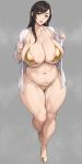  1girl alternate_body_size bikini black_hair breasts cameltoe cleavage collarbone commentary_request curvy final_fantasy final_fantasy_vii full_body gold_bikini grey_background high_heels highres huge_breasts jewelry lips long_hair long_sleeves looking_at_viewer mature_female micro_bikini nanabe_78 navel parted_lips pendant plump purple_nails red_eyes revision ring shirt sidelocks simple_background smile solo standing sweat swimsuit thick_thighs thighs tifa_lockhart underboob wet white_shirt 