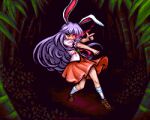  1girl animal_ears bamboo bamboo_forest brown_shoes forest full_body glowing glowing_eye index_finger_raised long_hair moichano nature outdoors pixel_art purple_hair rabbit_ears rabbit_girl red_eyes red_skirt reisen_udongein_inaba shirt shoes skirt socks solo touhou v-shaped_eyebrows white_shirt white_socks 