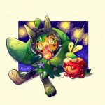  1girl :d blue_background border candy_apple cloak colored_skin dipplin fangs food full_body green_cloak highres horns looking_at_another miketoevecan ogerpon open_mouth orange_skin pokemon pokemon_(creature) simple_background sitting smile stalk_eyes star-shaped_pupils star_(symbol) symbol-shaped_pupils wyrm yellow_border yellow_eyes 