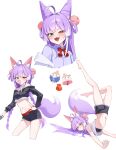  1girl :3 :t absurdres ahoge animal_ear_fluff animal_ears bare_legs barefoot belt black_bra black_shirt black_shorts blowing_bubble_gum blue_shirt blush bow bowtie bra braid braided_twintails buckle chewing_gum choppy_bangs collared_shirt commentary_request cone_hair_bun creature crop_top cropped_legs cropped_shirt cropped_torso cutoffs fallen_down fang fluffy_tail fox_ears fox_girl fox_tail green_eyes hair_bun hair_intakes hair_ornament hand_on_own_hip heterochromia highres inari_(tenko_shibuki) korean_commentary long_hair long_sleeves multicolored_hair multiple_views navel off-shoulder_shirt off_shoulder open_mouth orange_eyes pom_pom_(clothes) pom_pom_hair_ornament pout purple_hair purple_tail red_belt red_bow red_bowtie shirt short_shorts shorts simple_background skin_fang small_sweatdrop smile standing stellive stomach streaked_hair tail tank_top tenko_shibuki tiokun7 twin_braids underwear v-shaped_eyebrows virtual_youtuber white_background white_tank_top wing_collar 