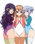  >_< 3girls 6kan alternate_hair_length alternate_hairstyle athletic_leotard blue_eyes blue_hair blue_leotard braid braided_bun breasts brown_eyes brown_thighhighs commentary_request commission cosplay double_bun facing_viewer girlfriend_(kari) gochuumon_wa_usagi_desu_ka? grey_thighhighs hair_bun hair_down hair_ornament hairclip highres hoto_cocoa kafuu_chino leotard looking_at_viewer medium_breasts multiple_girls pixiv_commission pout purple_eyes purple_hair purple_leotard shina_kokomi shina_kokomi_(cosplay) simple_background single_braid tedeza_rize thighhighs three-quarter_sleeves wavy_hair white_background x_hair_ornament 