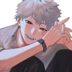  1boy collared_shirt fang fang_out hashtag-only_commentary highres hikaru_ga_shinda_natsu indou_hikaru kaohom503_2 light_blush looking_at_viewer male_focus red_pupils shirt short_hair simple_background smile solo teeth watch white_background white_hair white_shirt wristwatch 