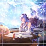  1girl absurdres ahoge blush book book_stack bow camisole chair collarbone commentary_request cup desk_lamp drinking_straw food fruit grey_camisole grey_jacket gxws hair_between_eyes hair_bow highres ice_cream jacket lamp long_hair long_sleeves ocean on_chair paper purple_bow purple_hair quill red_eyes single_off_shoulder strawberry vivian_banshee water wise_(zenless_zone_zero) zenless_zone_zero 