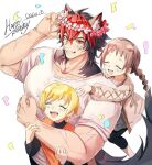  animal_ears black_hair child collarbone dog_boy dog_ears dog_tail happy_birthday highres komano_manato multicolored_hair muscular muscular_male pectorals red_eyes red_hair scar scar_on_arm scar_on_chest scar_on_face shirt tail w59o5 white_shirt zenless_zone_zero 