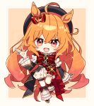  1girl ahoge animal_ears armband beret black_gem black_jacket blush bow chibi commentary_request ear_bow frilled_armband frills gem gold_ring hair_between_eyes hair_ornament hat highres horse_ears horse_girl horse_tail jacket leg_warmers long_hair long_sleeves looking_at_viewer norun_(ru-on) open_mouth orange_hair orange_tail red_bow red_sash ribbon royal_family_(the_royal_family) sash shirt shoes shorts smile solo tail the_royal_family_(tv_series) thigh_strap umamusume very_long_hair white_shorts 