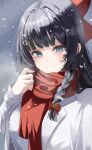  1girl absurdres black_hair blue_eyes bow braid breath closed_mouth commentary_request gim111035 hair_bow hand_up highres jacket korean_commentary long_hair long_sleeves open_clothes open_jacket red_bow red_scarf scarf shirayuki_hina shirt smile snowing solo split_mouth stellive upper_body virtual_youtuber white_jacket white_shirt wispy_bangs 