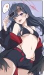  1girl artist_name belt bikini bikini_bottom_under_shorts bikini_under_clothes black_bikini black_hair black_jacket black_shorts black_wings blue_archive blue_background blue_eyes blush breasts commentary cowboy_shot eyewear_on_head feathered_wings front-tie_bikini_top front-tie_top hair_between_eyes halo heart highres ichika_(blue_archive) ichika_(swimsuit)_(blue_archive) inset_border jacket jacket_partially_removed long_hair long_sleeves low_wings navel official_alternate_costume one_eye_closed red_belt red_halo red_jacket short_shorts shorts side-tie_bikini_bottom solo speech_bubble stomach string_bikini swimsuit tongue tongue_out toshino_niko two-sided_fabric two-sided_jacket unusually_open_eyes unzipped wings 
