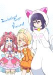  blonde_hair blue_eyes bow bowtie brooch brown_hair commentary cosplay cure_mystic cure_mystic_(cosplay) cure_sunny cure_sunny_(cosplay) gloves hair_ornament highres hino_akane_(smile_precure!) hondo_kaede hummy_(suite_precure) hummy_(suite_precure)_(cosplay) jewelry makinomaki mascot_costume meitantei_precure! minamoto_sakura nikaidou_saki orange_eyes pink_gloves precure purple_eyes purple_hair smile_precure! twitter_username wing_hair_ornament yamada_tae zombie_land_saga 