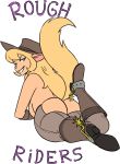  2019 anthro bedroom_eyes boots breasts butt callie_briggs cat chaps clothed clothing color_edit colored cowboy cowboy_hat digital_media_(artwork) edit english_text felicity_longis feline female footwear fur green_eyes hair half-closed_eyes hat long_hair looking_back mammal monochrome rear_view redout seductive smile solo swat_kats tan_fur text topless 