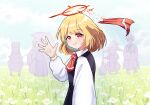  1boy 4girls ascot blonde_hair blue_sky closed_mouth commentary english_commentary ex-rumia fang field flower flower_field hakurei_reimu halo highres kirisame_marisa long_sleeves looking_at_viewer morichika_rinnosuke multiple_girls outdoors reaching reaching_towards_viewer red_ascot red_eyes rion_(user_ufvg8527) rumia short_hair sky slit_pupils solo_focus touhou white_flower yakumo_yukari 