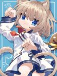  1girl :3 animal_ears ass blue_background blue_eyes blue_panties blue_sailor_collar brown_hair cat_ears cat_girl cat_tail commentary_request commission dress haronin_fukke long_hair long_sleeves looking_at_viewer neckerchief original panties paw_pose red_neckerchief sailor_collar sailor_dress short_hair simple_background skeb_commission solo tail underwear white_dress 