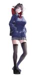  1girl absurdres akiaki_aki alternate_costume bag black_hair black_shoes black_thighhighs blue_cardigan bow bowtie breasts brown_eyes buttons cardigan collared_shirt commentary_request full_body goddess_of_victory:_nikke grey_skirt hair_bow hair_intakes hands_in_pockets heel_up highres large_breasts loafers long_sleeves looking_at_viewer loose_bowtie medium_hair miniskirt parted_lips partially_unbuttoned platform_shoes pleated_skirt pocket red_bow red_bowtie sakura_(nikke) school_bag school_uniform shirt shoes shoulder_bag sidelocks simple_background skindentation skirt solo standing thighhighs wavy_hair white_background white_shirt zettai_ryouiki 