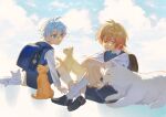  2boys aged_down antenna_hair backpack bag black_shoes black_shorts blonde_hair blue_bag blue_eyes blue_sky blue_vest cat collared_shirt commentary dog english_commentary gradient_hair highres honkai:_star_rail honkai_(series) khakha240478476 looking_at_another male_focus multicolored_hair multiple_boys mydei_(honkai:_star_rail) parted_bangs phainon_(honkai:_star_rail) red_hair red_tattoo school_uniform shirt shoes short_hair shorts sitting sky socks vest white_hair white_shirt white_socks yellow_eyes 