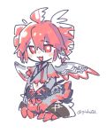  1girl adapted_costume ahoge animal_feet animal_hands artist_name bird_legs bird_tail bird_wings blush chibi claws commentary_request digitigrade drill_hair feathered_wings feathers fewer_digits grey_jacket hair_between_eyes half-harpy head_wings highres jacket kasane_teto looking_at_viewer monster_girl monsterification navel open_mouth qiukui red_eyes red_hair red_trim shoulder_belt sidelocks signature simple_background sitting solo synthesizer_v tail talons torn_clothes twin_drills utau watermark white_background wings 